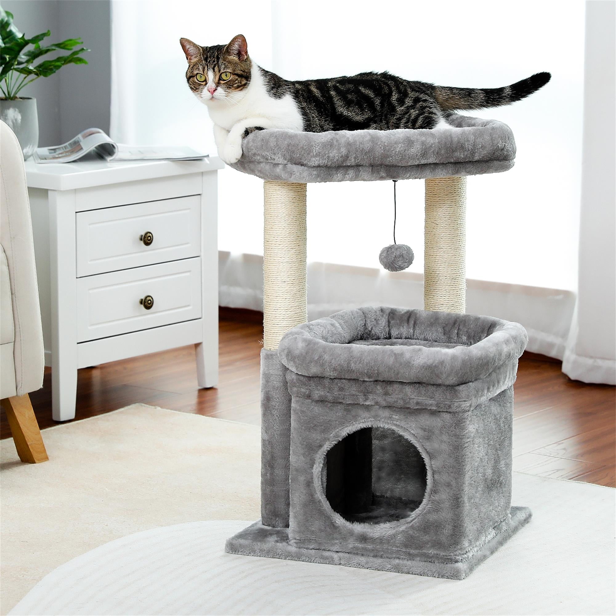 Pefilos 27" Cat Tree Tower for Indoor Cats with Private Cozy Cat Condo, Natural Sisal Scratching Posts and Plush Pom-pom for Small Cats, Gray Pefilos 27" Cat Tree Tower for Indoor Cats with Private Cozy Cat Condo, Natural Sisal Scratching Posts and Plush Pom-pom for Small Cats, Gray