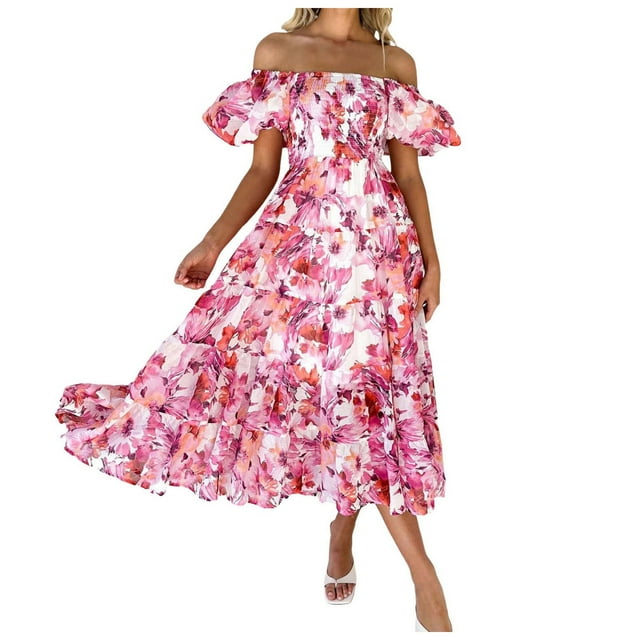 Daznico Robes Élégantes pour Femmes, Bordure Plateforme et Nouveau Col d'Été Jupe Imprimée Manches Bouffantes Robe, Robes pour Femmes Cache Ventre