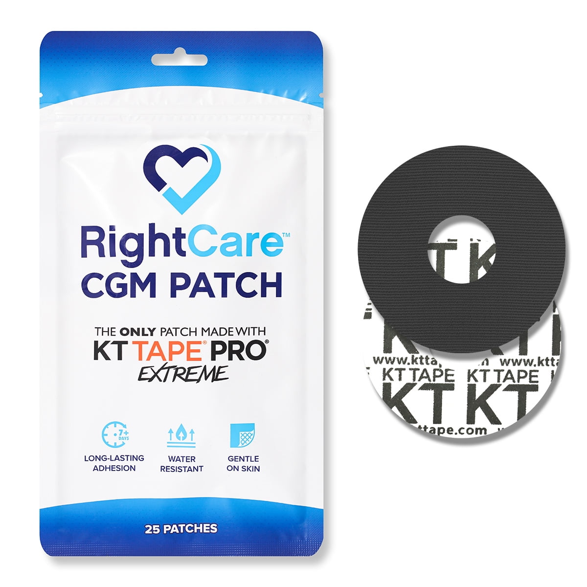 RightCare CGM Adhesive Patches Pre-Cut for Freestyle Libre, Made With KT Tape Pro Extreme, Black, Bag of 25