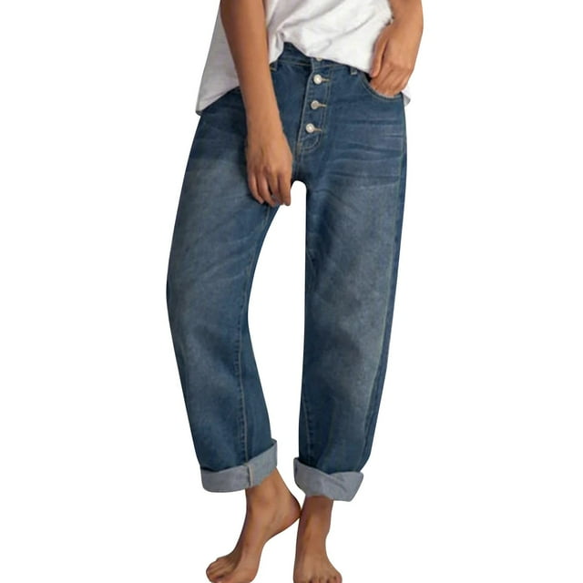 Vaqueros rectos rasgados de cintura alta para mujer: pantalones informales desgastados con tejido vaquero elástico (S-XXL)