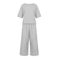 thumbnail image 4 of CHUOU Women 2 Piece Linen Outfit Sets Cotton Short Sleeve Shirt Wide Leg Trousers Pant Two Pieces Tracksuit, 4 of 5