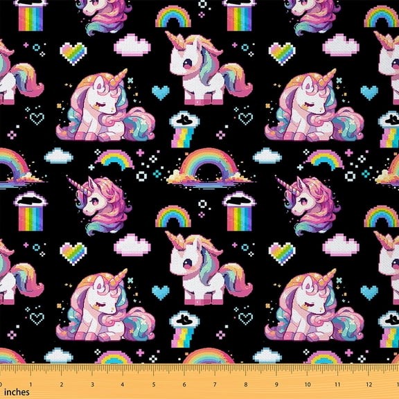 Feelyou Cartoon Unicorn Fabric by the Yard 1 Yard for Kids, Black Pink Animal Room Decor Fabric by the Yard, Rainbow Cloud Fabric for Sewing, Luxury Bedroom Decor