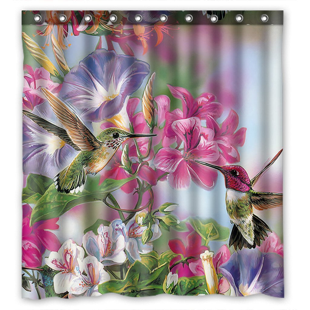 Hummingbirds On Flowers Bathroom Polyester Fabric Shower Curtain Set and 12 Hook 