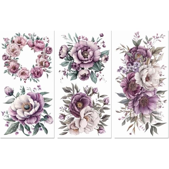 Rub on Transfer Sticker for Furniture Crafts Decor 6"x12" Pink and Purple Flowers 3Pcs Waterproof UV DTF Transfer for Lingerie Chests Drawer Dresser Glass Porcelain Wood Plastic