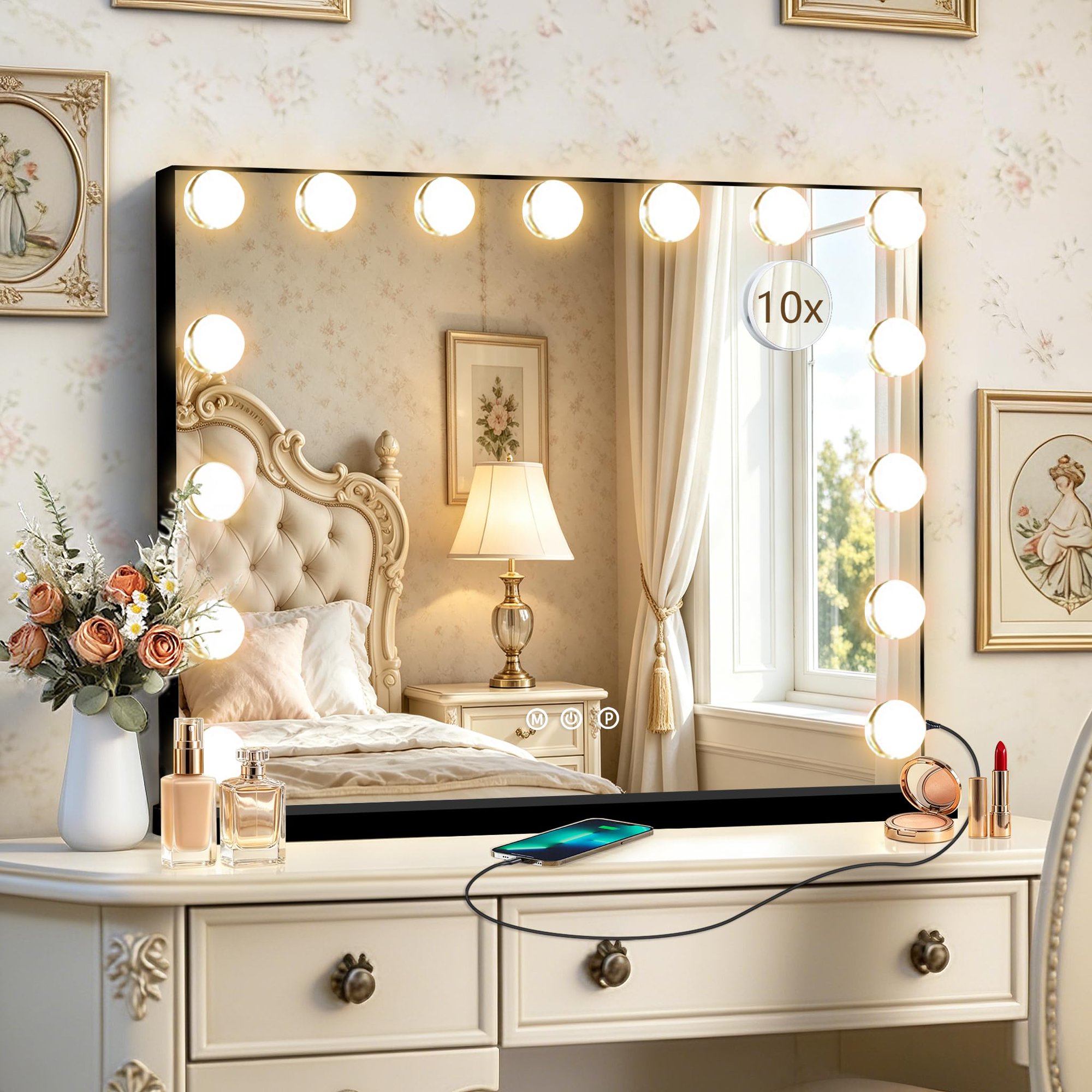 Hollywood Vanity Mirror with Lights, Lighted Makeup Mirror with 15 Dimmable Bulbs, 3 Lighting Modes and USB Charging Port, Decorative Dressing Mirror for Bedroom, Gift for Women and Teens