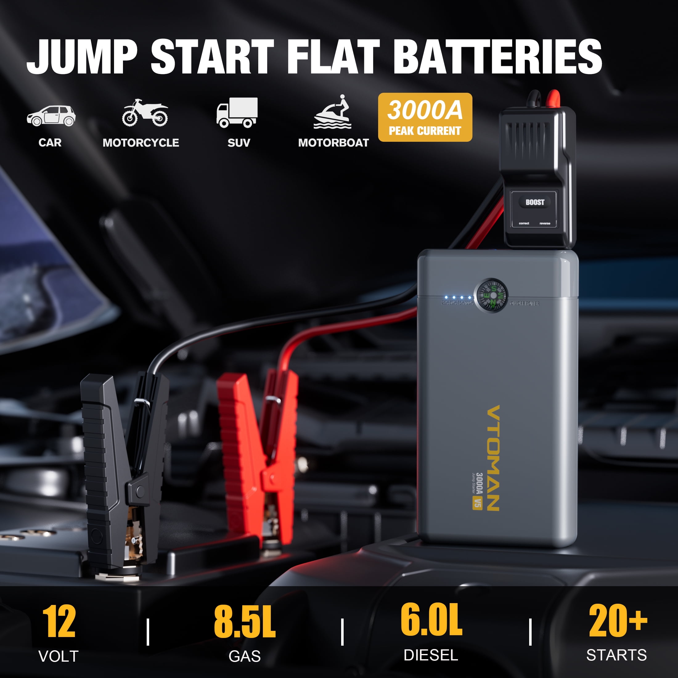 Clearance! VTOMAN V5 Jump Starter for Car, 3000A Car Battery Jumper Starter for 12V Vehicles (8.5L Gas/6L Diesel)