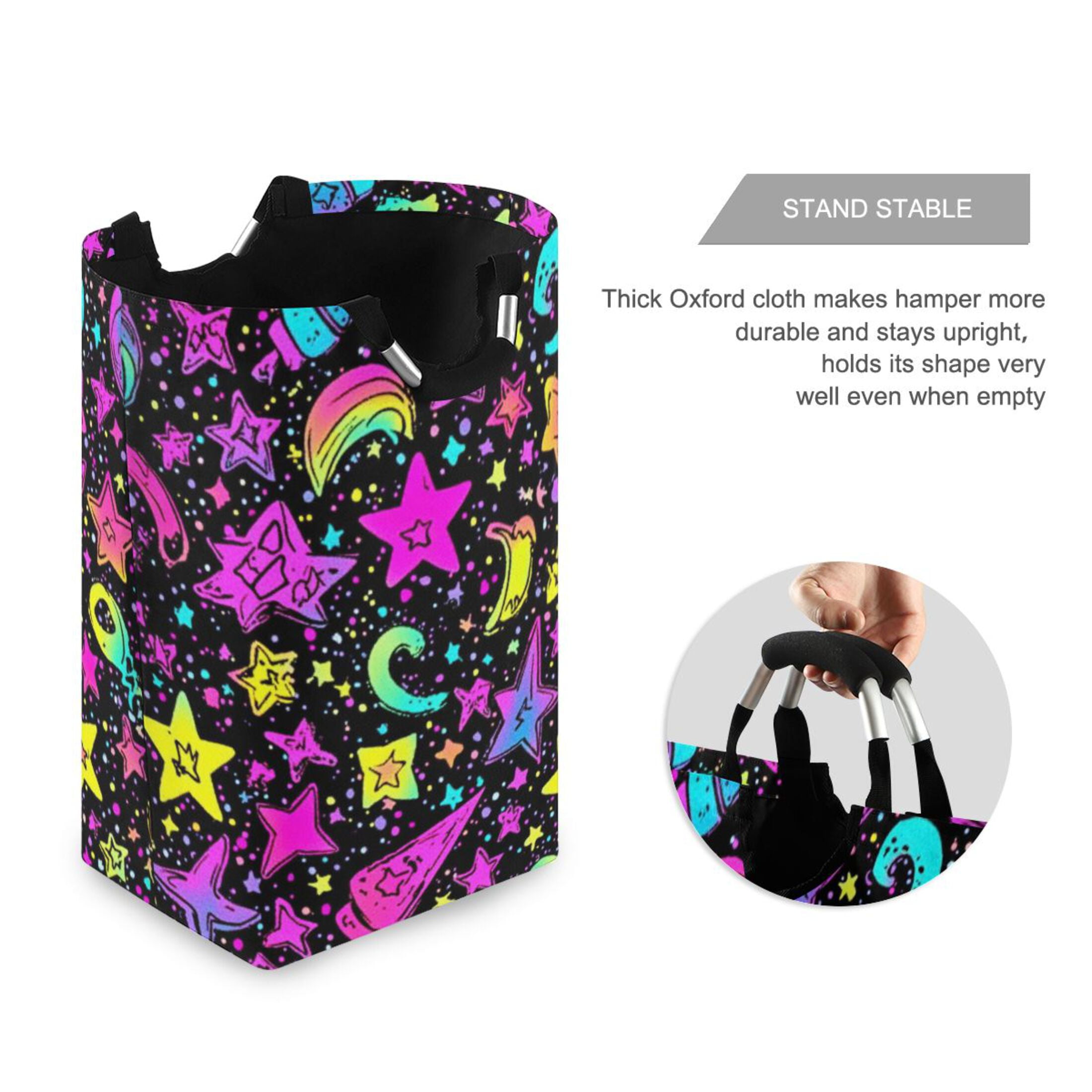 Neon Stars Print Laundry Basket with Handles 50L Collapsible Laundry Hamper for Bathroom Bedroom Laundry Room
