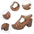 thumbnail image 7 of Women's Heeled Sandals Open Toe Platform Heels Fashion Studded T-Strap Pumps Shoes with Adjustable Buckle Ankle Strap Brown Size 7.5, 7 of 7