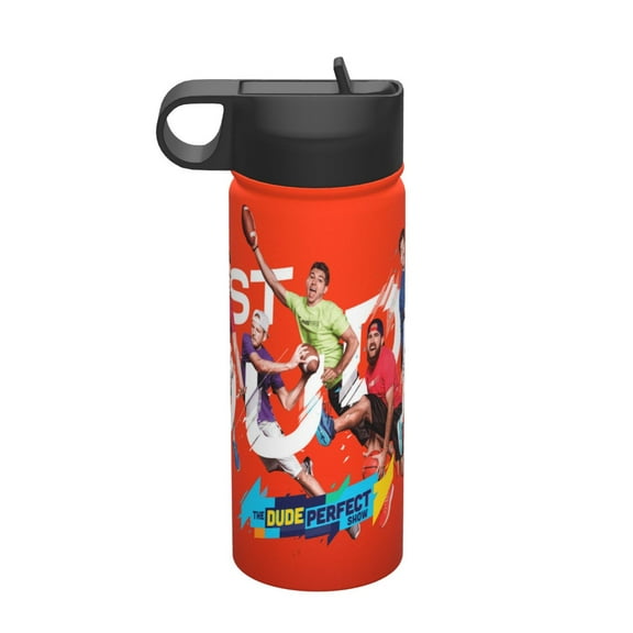 Dude Perfect Kids Insulated Water Bottle With Straw - 18 Oz Stainless Steel Double Wall Vacuum Cup, Leakproof, Bpa Free, Suitable For Boys And Girls