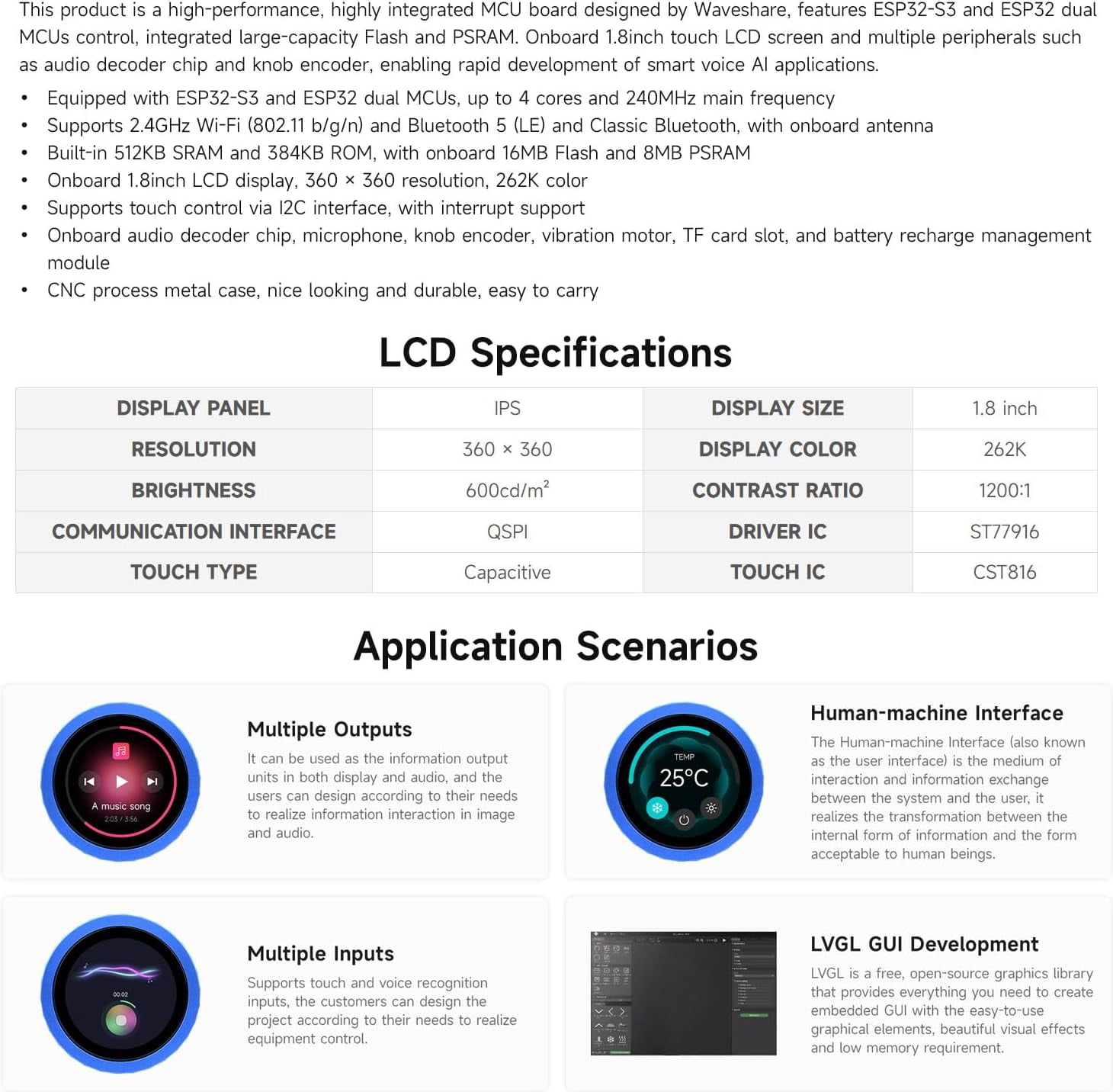 ESP32-S3 1.8inch Knob Display Development Board, Multi-Functional Knob Screen, Capacitive Touch, 2.4GHz Wi-Fi and Bluetooth Wireless Connection, No BAT