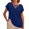 thumbnail image 1 of Camiseta holgada de manga corta con cuello en V lisa para mujer, poliéster spandex, top informal de verano, S-XXL, 1 of 4
