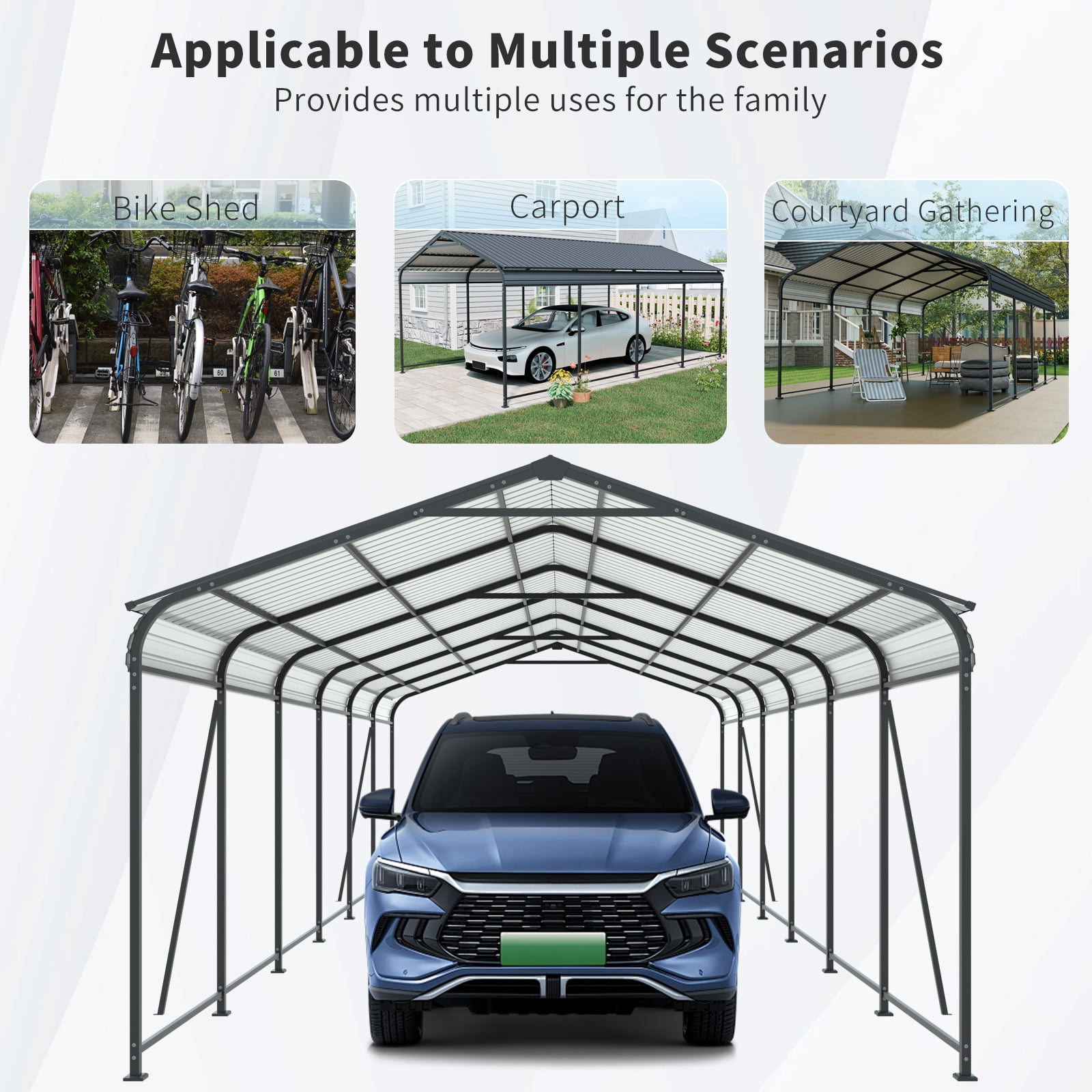 taoruifang 12x32 FT Heavy Duty Metal Carport, Galvanized Steel Frame & Roof Large Portable Garage with Vertical Stripe Design for Car Truck Boat RV, Charcoal