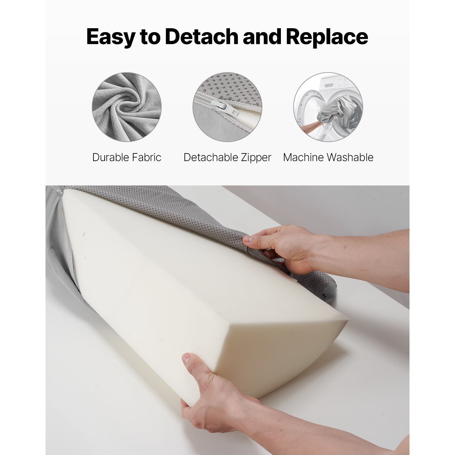 KFFKFF King Size Bed Wedge Pillow, 72"x10"x6" Gap Filler for Headboard, Adjustable Foam Pillow to Fill 0-7" Gap Between Mattress and Headboard, Includes Side Pocket, Gray
