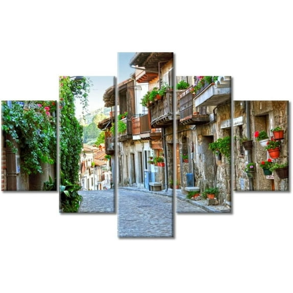 TISHIRON 5PCS Framed Street Theme Canvas Wall Art Set,50"x24" Contemporary Town Landscape Canvas Art Decor