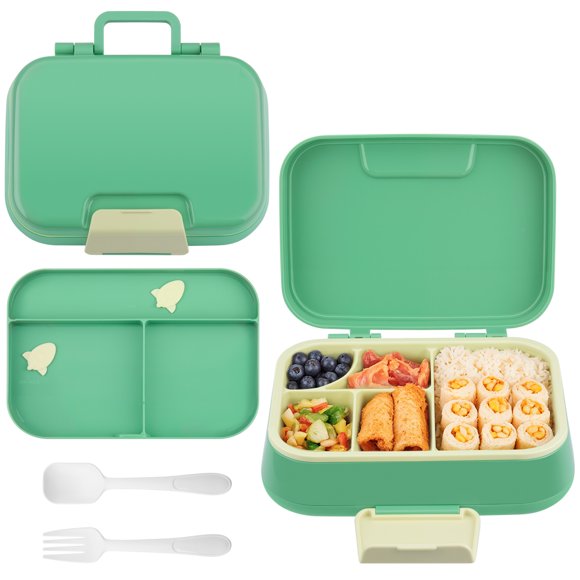 Mimifly Lonchera Bento para Niños a Prueba de Fugas con 5 Compartimentos, Contenedor de Alimentos Portátil con Utensilios, Apto para Microondas y Lavavajillas, Verde