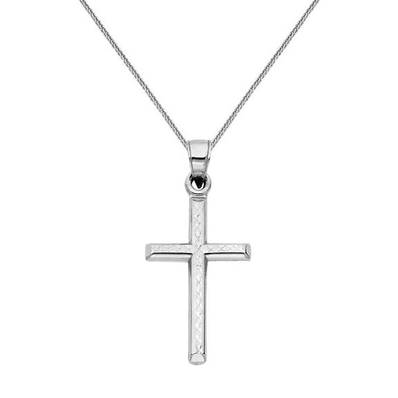 Precious Stars 14K White Gold Religious 1" Cross Unisex Pendant with 16" Chain Necklace