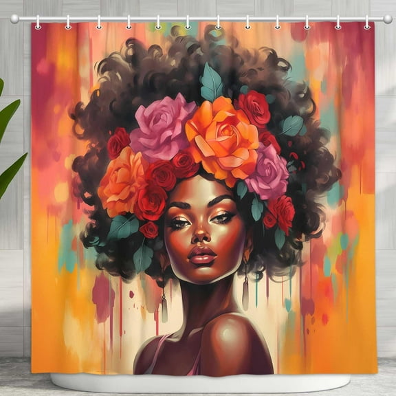 Black Girl Shower Curtain, Retro African American Colorful Floral Red Rose Black Woman Bathroom Decor, Oil Painting Aesthetics Flower Fabric Afro Lady Bath Shower Curatin Set with 12 Hooks, 70X70IN