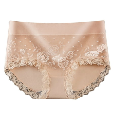 HCURIBAD Panties for Women Clearance Women s Cotton Mid Waist Tummy Breathable Hip Wrap Lace Panties Seamless Underwear Cotton Underwear No Show Underwear  1x Ladies Panty Beige L