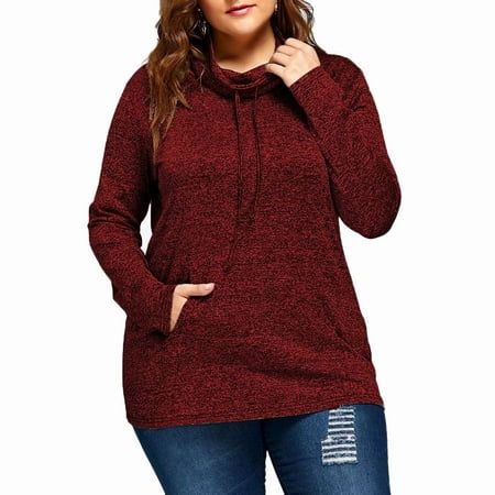 Women's Plus Size Casual Solid Color Hoodie Long Sleeve Pullover Sweater Sweatshirt Tops with Pocket,Wine Red
