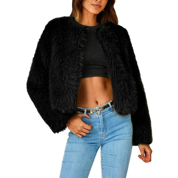 Olyvenn Stylish Women's Faux Fur Fuzzy Warm Winter Crop Coat Teddy Bear Outwear Fluffy Oversized Fluffy Jacket Black 8