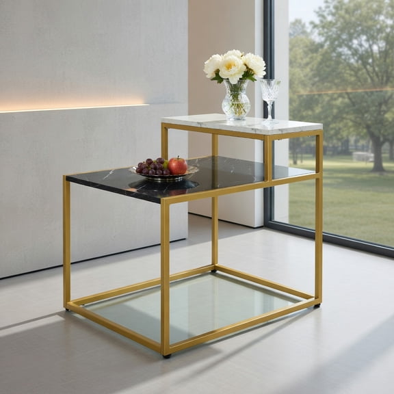 Resenkos Coffee Table, Modern Sofa Table Tea Table,2 Tier End Side Table with Metal Frame and Storage Shelf for Living Room-White