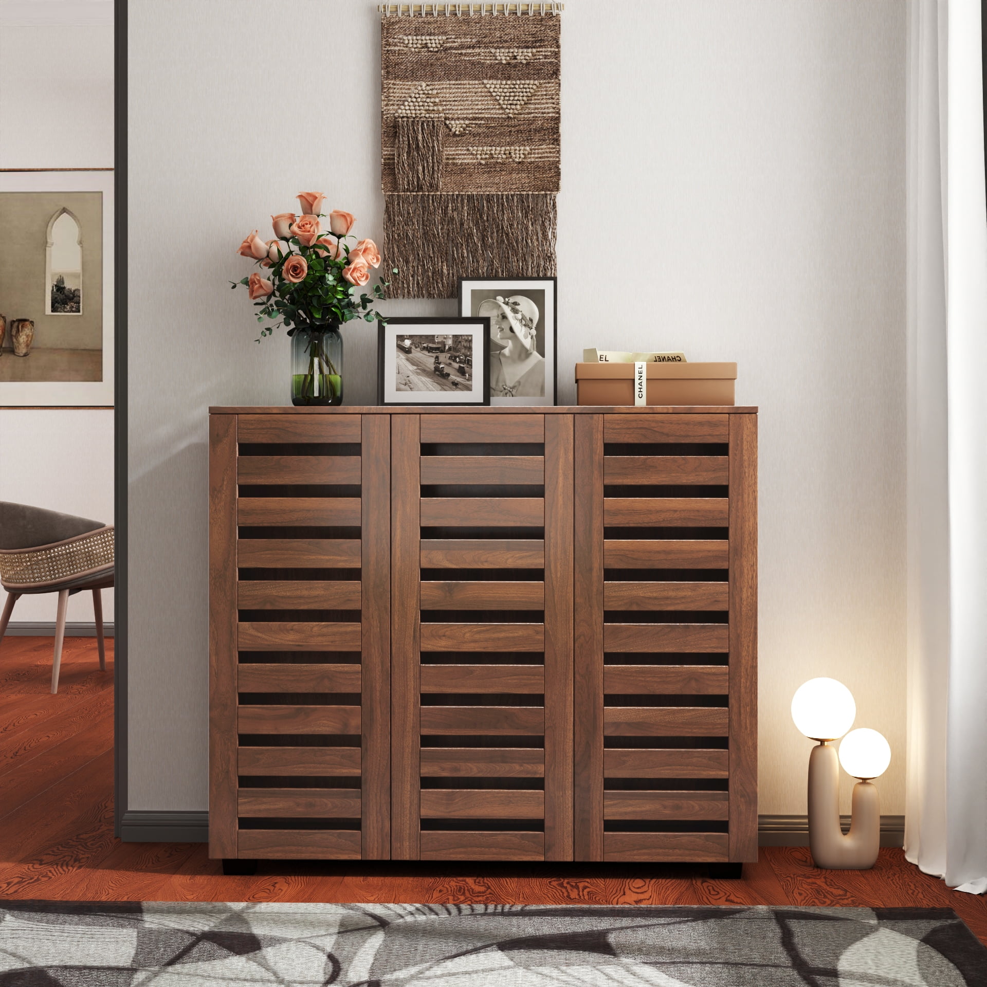 Mintazer 5 Tier Shoe Storage Cabinet with Louvered Doors & Adjustable Shelves, Shoe Rack Organizer for Entryway Hallway Living Room, Brown