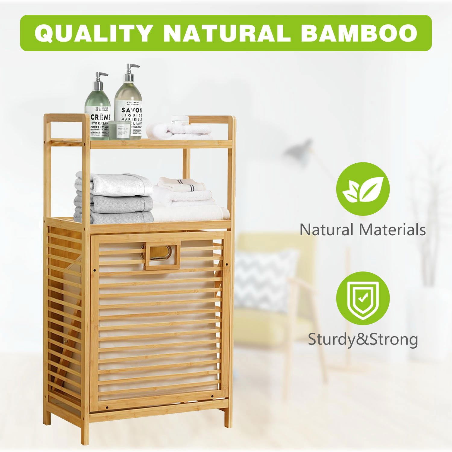 Barara King 2-Tier Laundry Hamper with Tilt Out Basket, Laundry Organizer with Storage Shelves, Bathroom Storage Unit for Laundry Room Nursery Bedroom Guest Room Closet, Natural