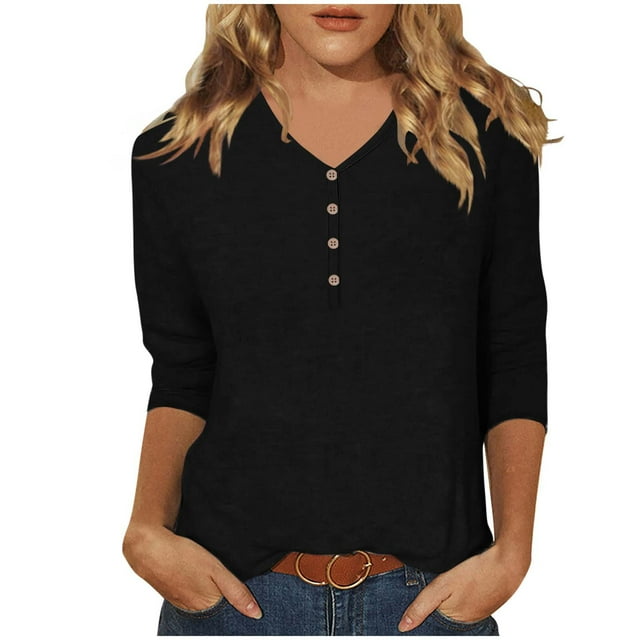 HAiming Womens Tops 3/4 Sleeve V Neck Button Pullover T-Shirts Casual Solid Color Basic Tees Winter Blouse Trendy Outfits