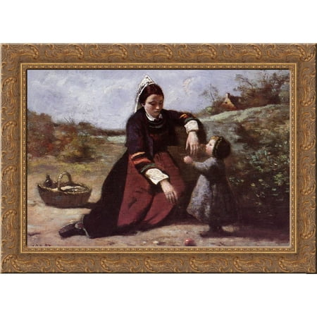 Breton Woman and her Little Girl 24x18 Gold Ornate Wood Framed Canvas Art by Camille Corot