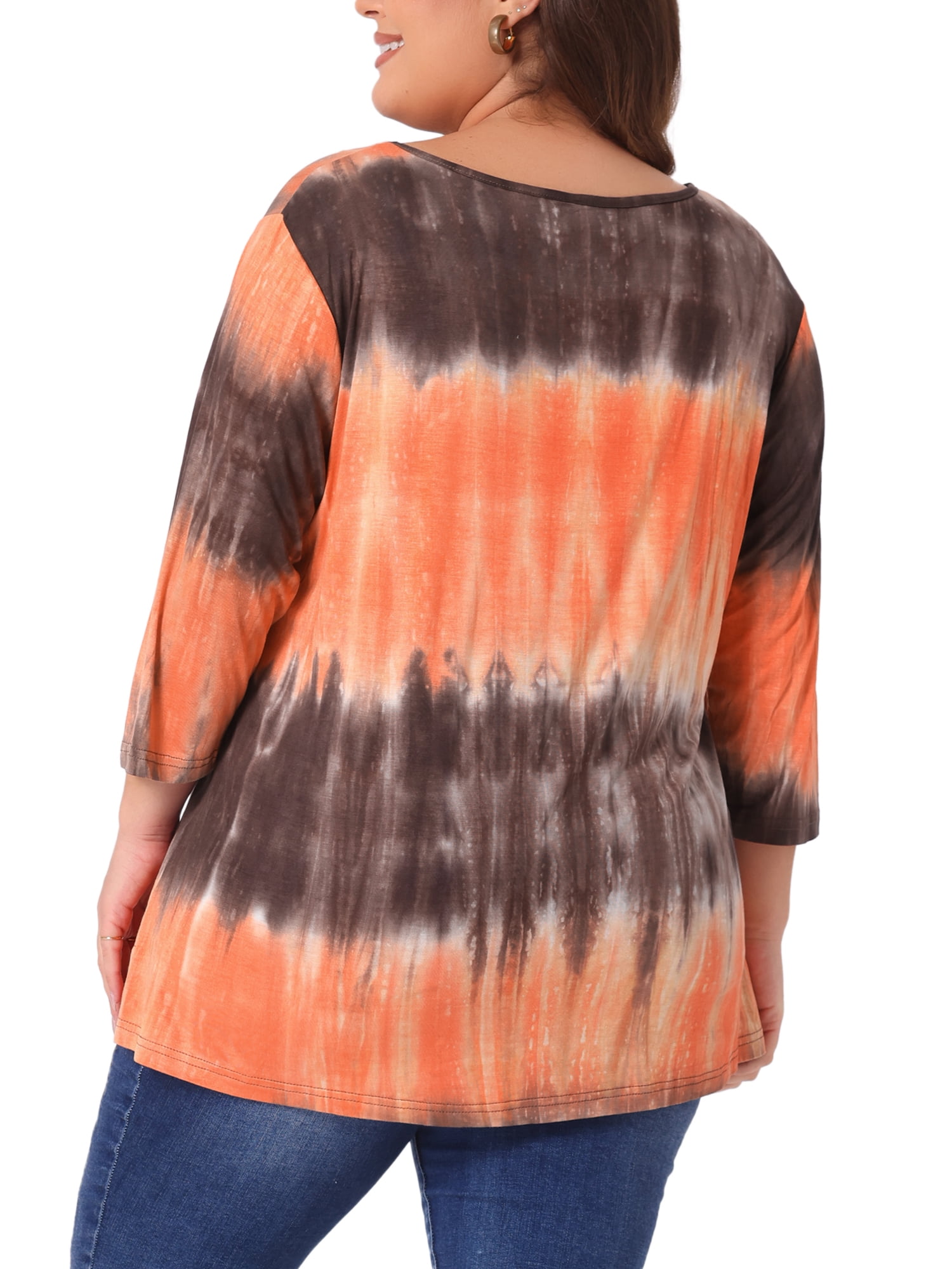 Unique Bargains Women's Plus Size V Neck 3/4 Sleeve Striped Tie Dye Blouse 4X Orange