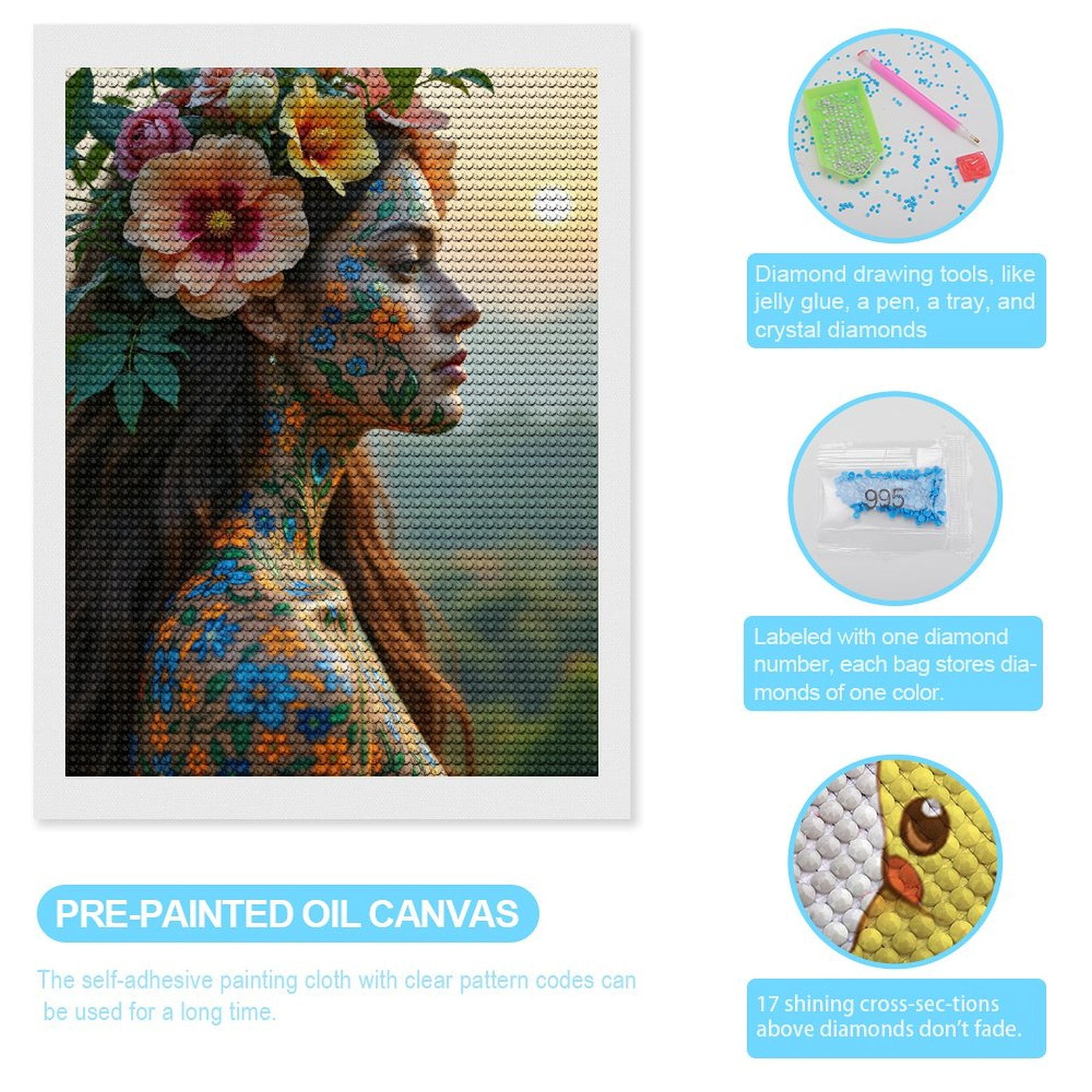 Diamond Art Kit for Adults, Floral Art Nature Portrait Woman Diamond Painting for Adults Beginners, 5D DIY Diamond Art Painting Kits, Colorful Diamond Painting Craft for Home Decor 12x16