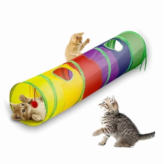Cat Tunnel Toy with Collapsible 3-Way Tubes, Peek Holes and Ball, Rainbow Pet Play Tunnel