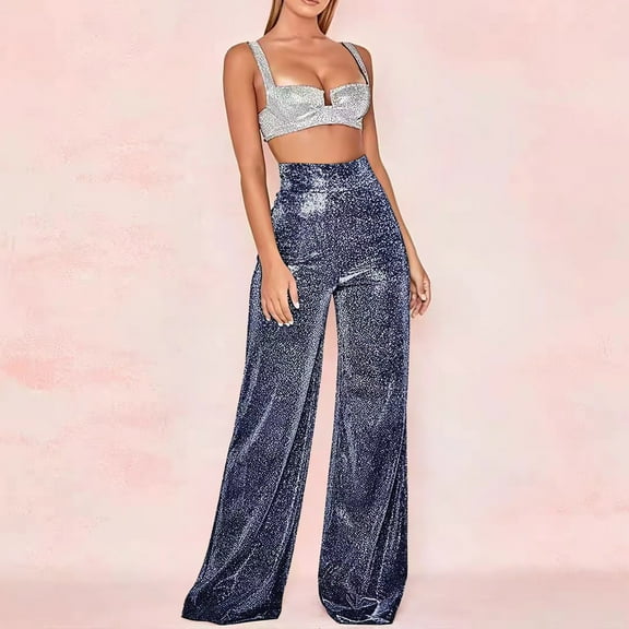Viikei Womens Sequin Pants,New Women's High Waisted Wide Leg Straight Leg Casual Pants Blue S
