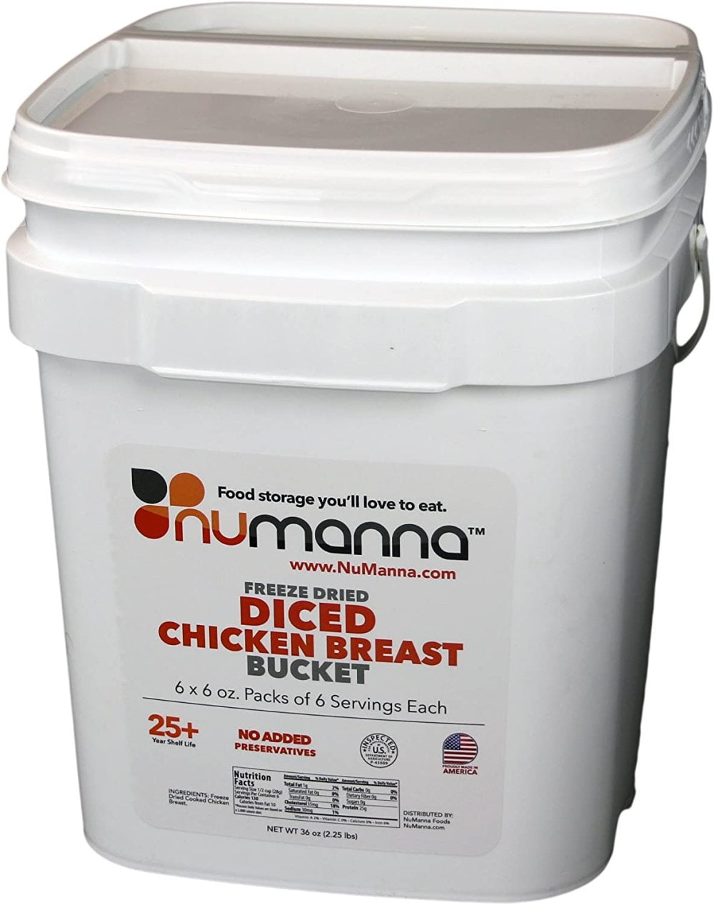 NuManna Diced Chicken Breast Bucket, 36 Servings - Emergency Survival Food Storage Kit, Separate Rations, in a Bucket, 25 Plus Year Shelf Life, GMO-Free