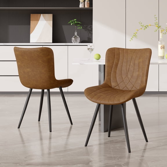 Set of 2 Dining Chairs, Brown PU Leather Upholstered Side Chair with Black Metal Legs, Cushioned Seat for Kitchen Dining Room Living Room
