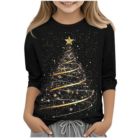 Girl's Christmas T-Shirts Xmas Tree Printed 3/4 Sleeve Crew Neck Graphic Tee Tshirts Holiday Festive Tops, Black 7-8 Years