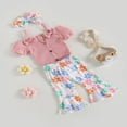 thumbnail image 3 of 3PCS Toddler Girl Short Sleeve Romper Rib Knit Button Bodysuit Flare Pants Clothes, 3 of 6