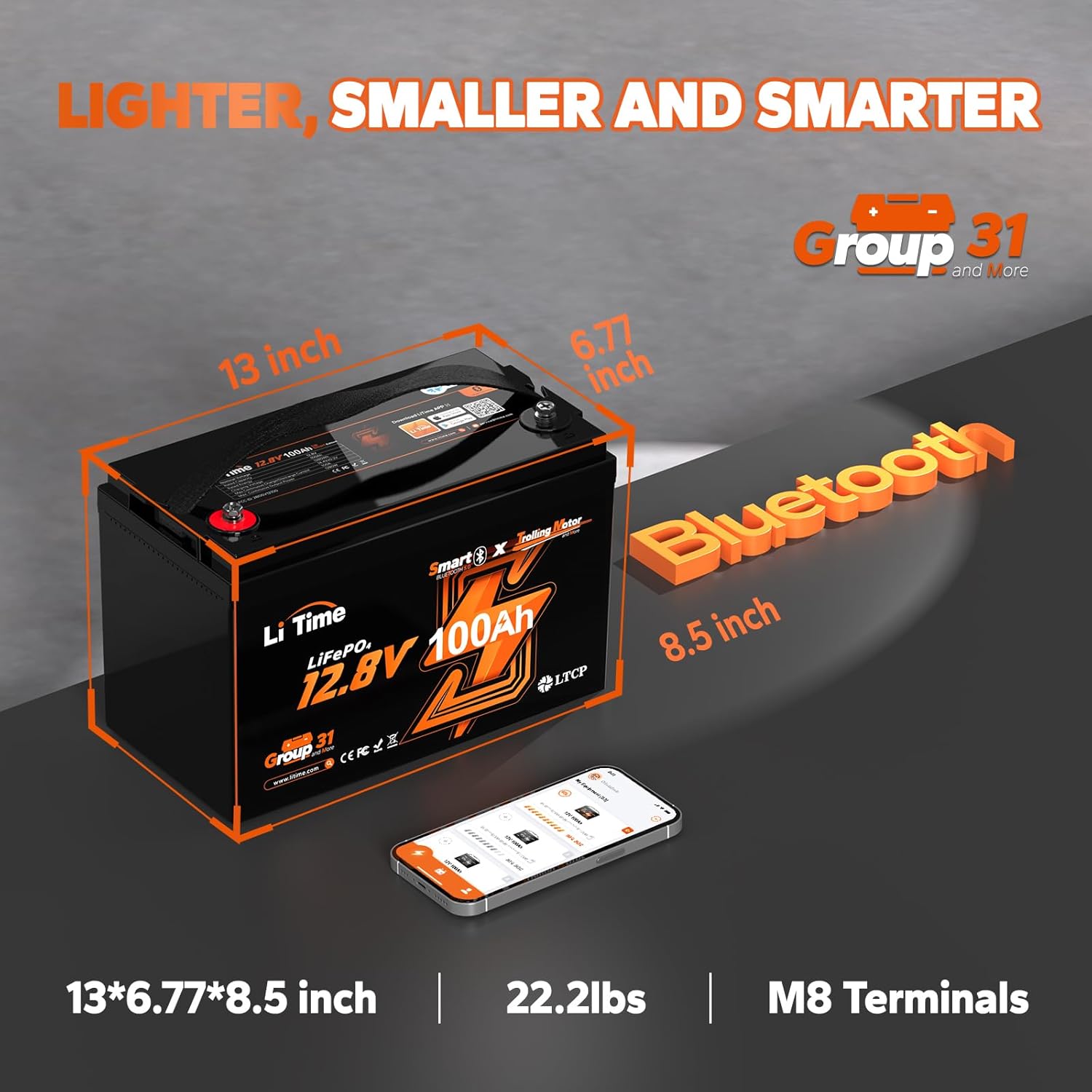 LiTime 2 Packs 12V 100Ah Trolling Motors Bluetooth LiFePO4 Lithium Battery 100A BMS Lighter Group 31