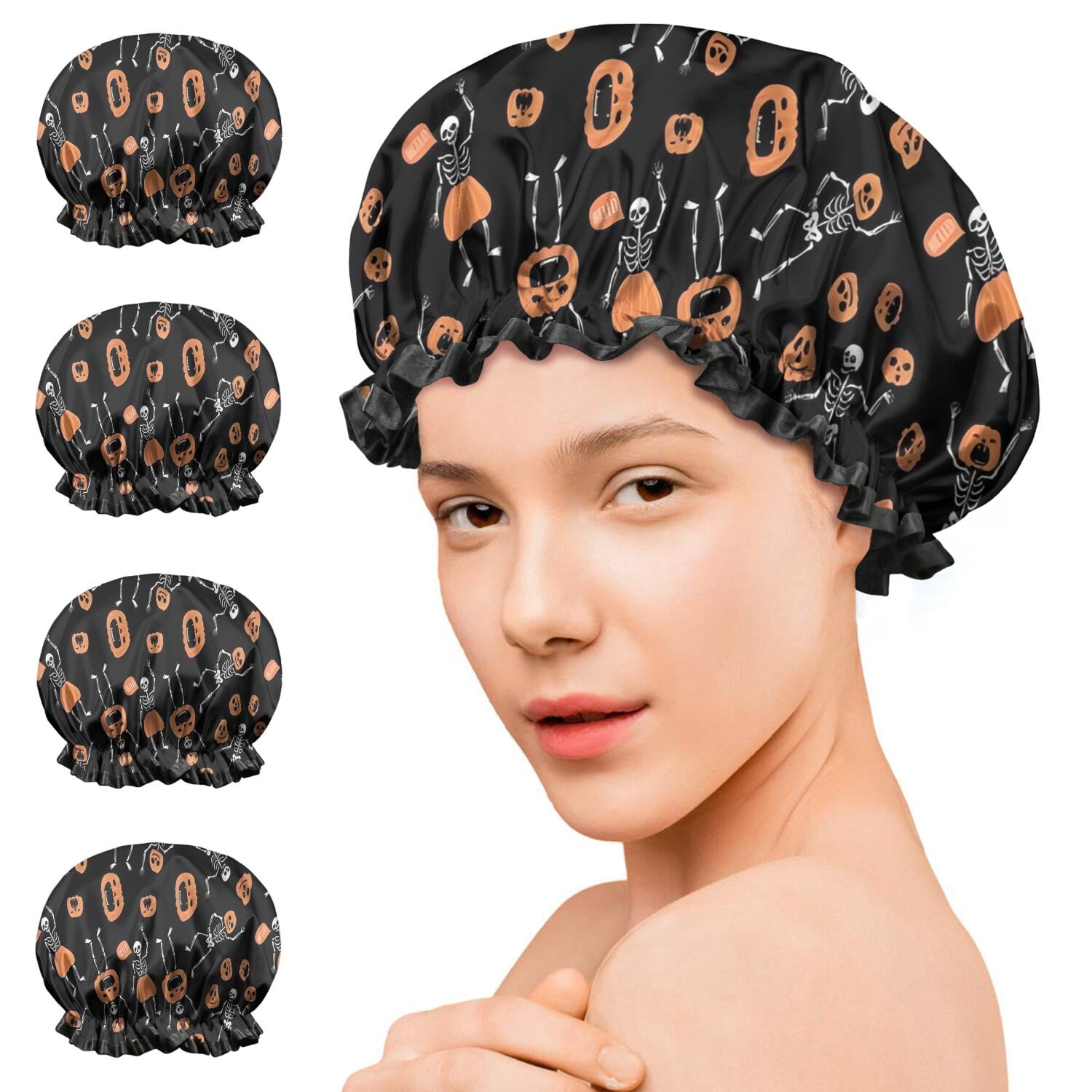 Shower Caps,Halloween Skeletons and Pumpkins Waterproof Shower Cap for Women 4 Pieces,Double Reusable Hair Cover for Shower PEVA Elastic Stretch Hem