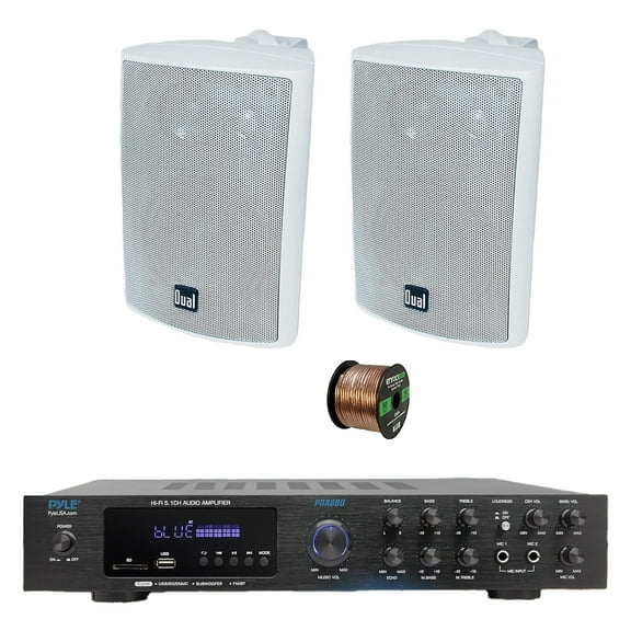 Pyle PDA8BU 5.1 Channel Home Audio Theater Bluetooth MP3/USB/SD/AUX/FM Radio Receiver, 2x 4" 200 Watt Max 3-Way Indoor/Outdoor Wall Mount Audio Speakers (White), 50 ft 16 Gauge Speaker Wire