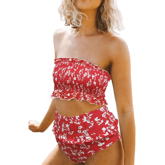 Maillots de Bain Bandeau 2 Pièces Taille Haute pour Femmes