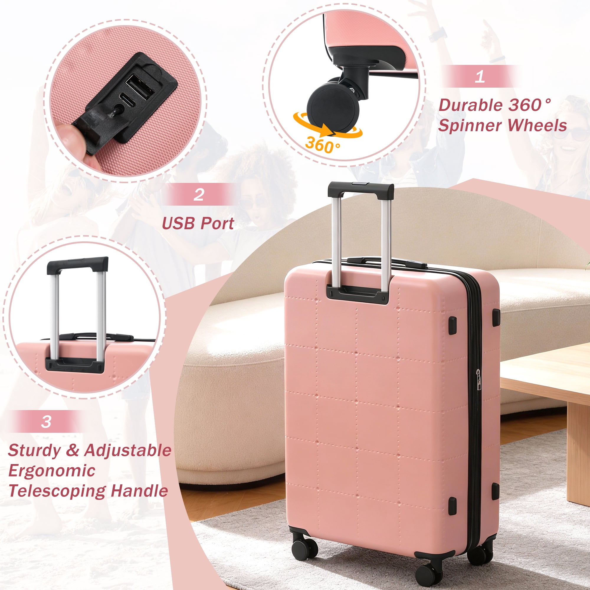 Euroco Luggage Sets 5 Piece, ABS Hardside Expandable Suitcase Set with TSA Lock Spinner Wheels and 2 Bags,20" Half-opening Carry on Luggage with USB Port for Travel,Light Pink(20"/24"/28")