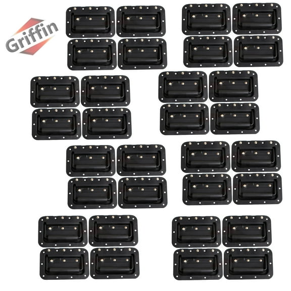 32 PACK - Metal Flip Speaker Cabinet Handles for Rack Road Flight Trunk by Griffin Spring Loaded Flush Pull with Black Grip Rubber Padding for Chest Carry Case DJ PA Pro-Audio Stage Gear Parts