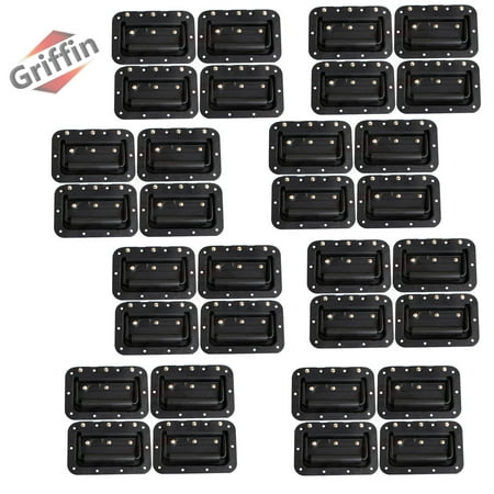 32 PACK - Metal Flip Speaker Cabinet Handles for Rack Road Flight Trunk by Griffin Spring Loaded Flush Pull with Black Grip Rubber Padding for Chest Carry Case DJ PA Pro-Audio Stage Gear Parts