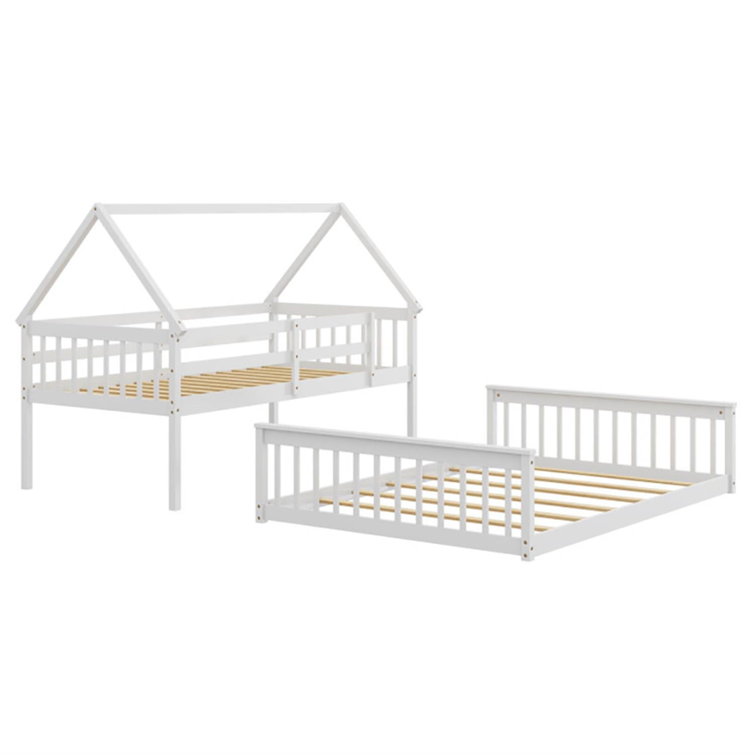 Demi Bonn Twin Over Full Bunk Bed with Ladder and Guardrails, House Twin Bunk Beds, Bed Frame, White