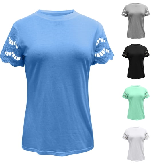 Big Girls Summer Cute Tops Summer Lace Solid Short Sleeve Loose Casual Tee Shirt Size 12-13T ,Blue
