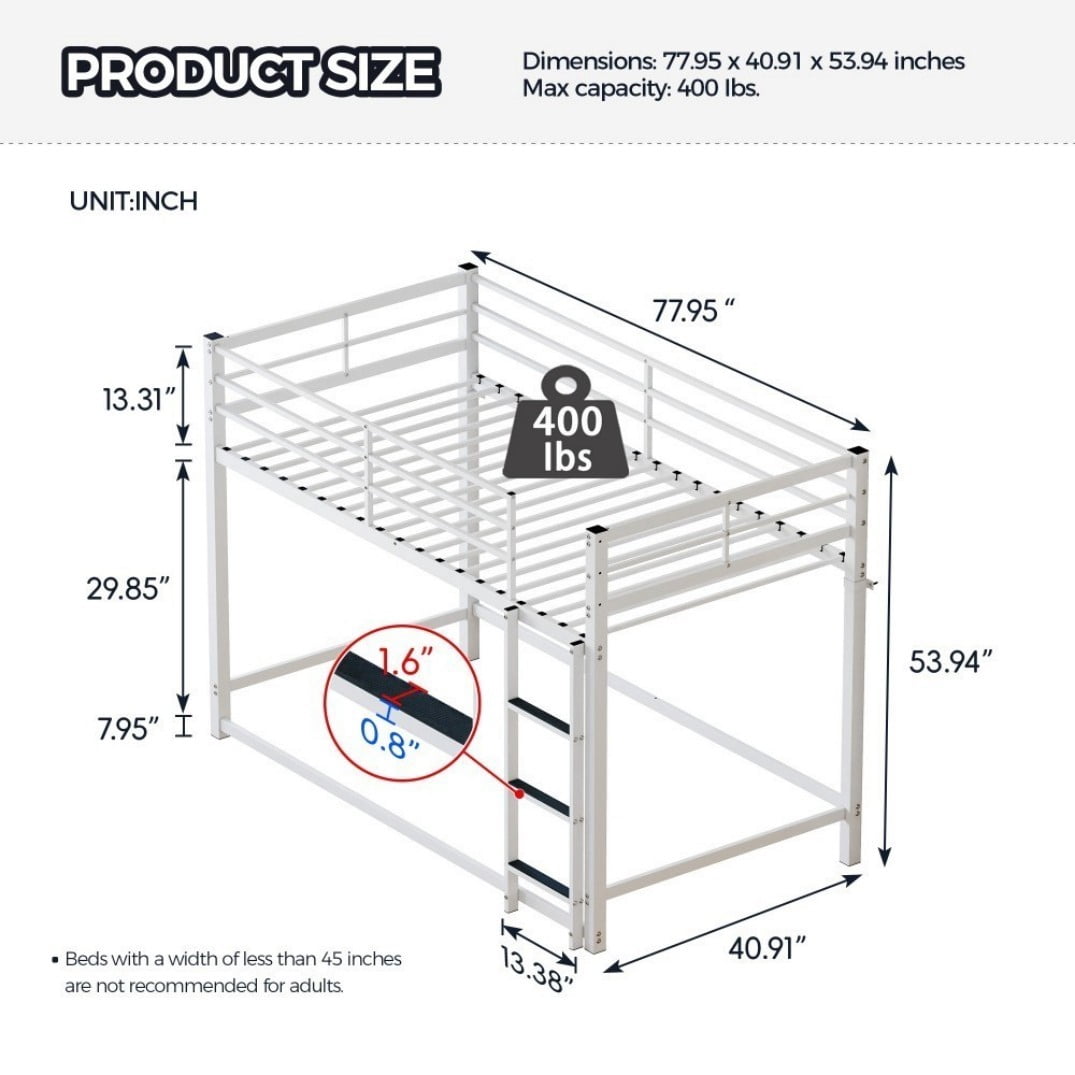 Twin Over Twin Bunk Bed with Ladder and High Guardrail, Heavy-Duty Metal Bunk Bed with Underbed Storage, Noise-Free Design, White