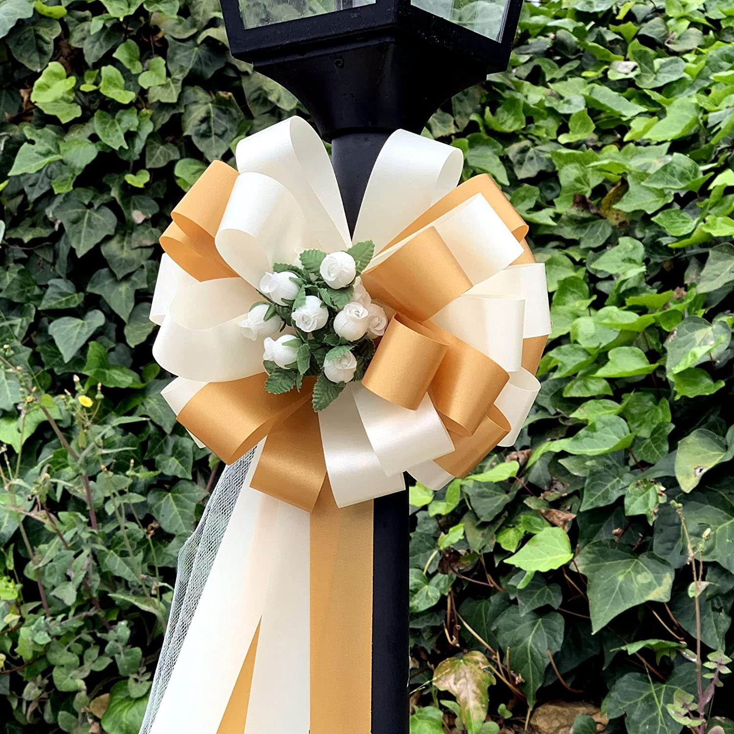 Ivory and Gold Wedding Pull Bows with Tulle Tails and Rosebuds - 8" Wide, Set of 6, Pew Bows, Christmas