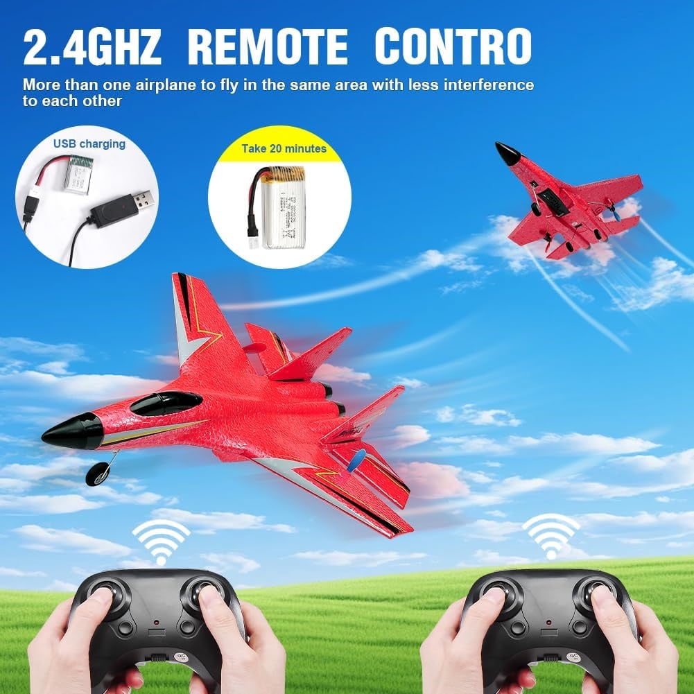 Roofworld RC Airplane SU-27 Red, 2.4GHz 2 Channel, Gyro, Night Lights