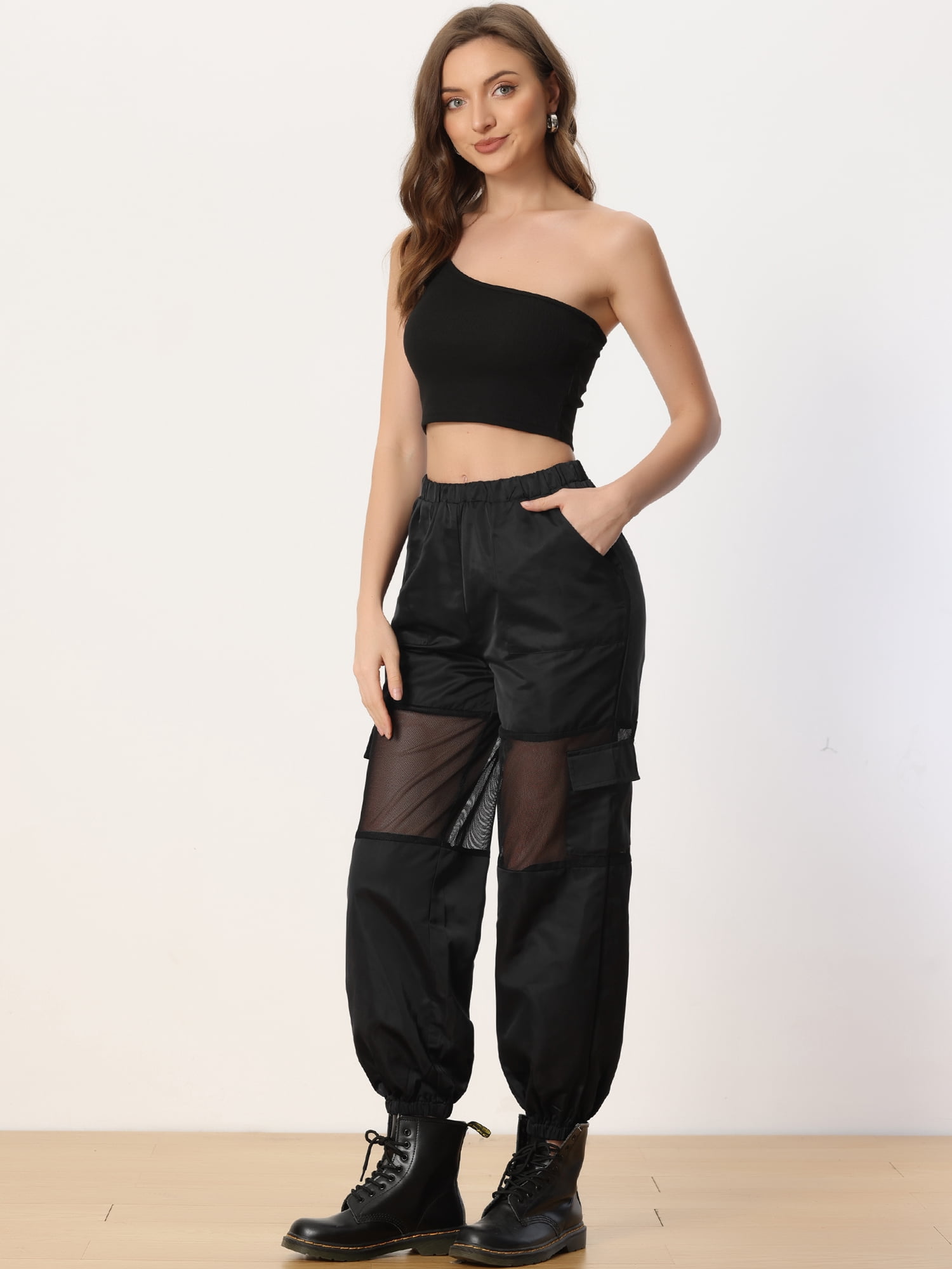 DARING DIVA Women's High Waist Mesh Panel Sheer Baggy Cargo Pants XL Black